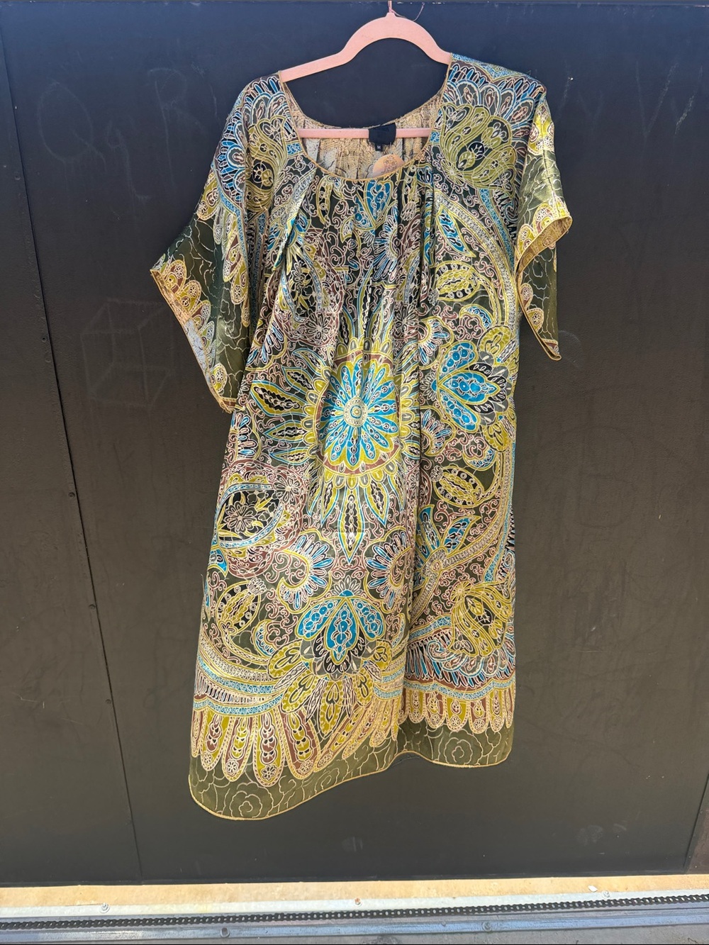 Anna Sui Vtg lamé Olive, chartreuse & Teal Paisley Medallion Dress tunic pockets - Picture 1 of 9
